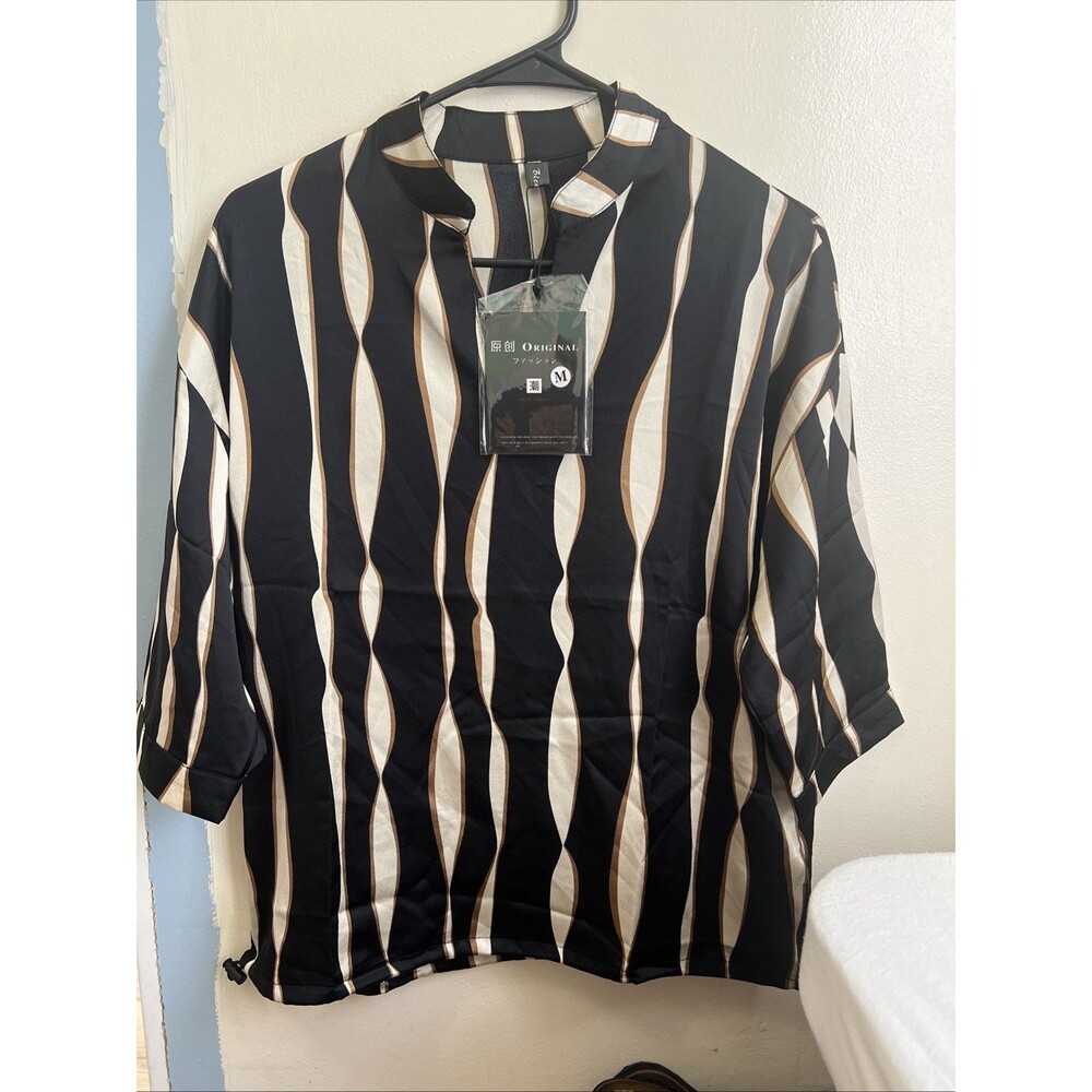 Striped Satin-like Blouse – Size M –‎ Black/Brown/White Minimalist Style